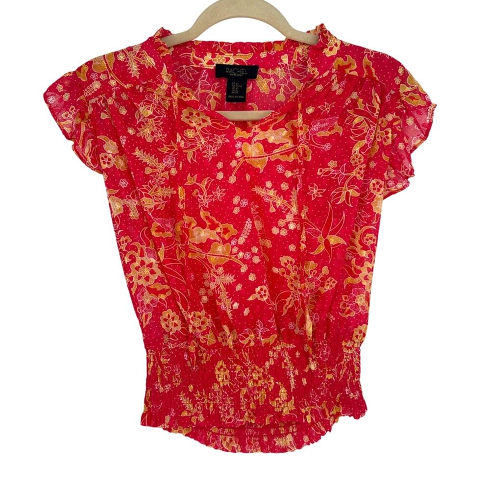 Rachel Roy‎ Floral Top Pink Yellow Ruffle Fairycore Indie Boho Womens Size XS